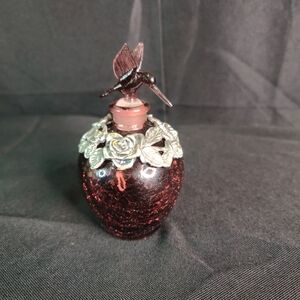VTG Amethyst Crackle Glass Hummingbird With Pewter Roses Perfume Bottle